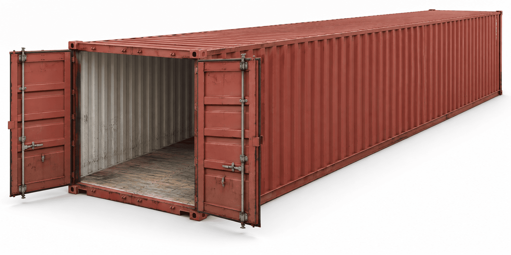Render de bodega de 40 pies en rojo opaco con puertas marítimas abiertas e interior visible