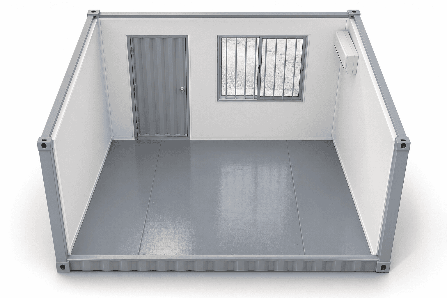 Render interior de oficina de 10 pies sin baño, vista sin techo y aire acondicionado rectangular opcional