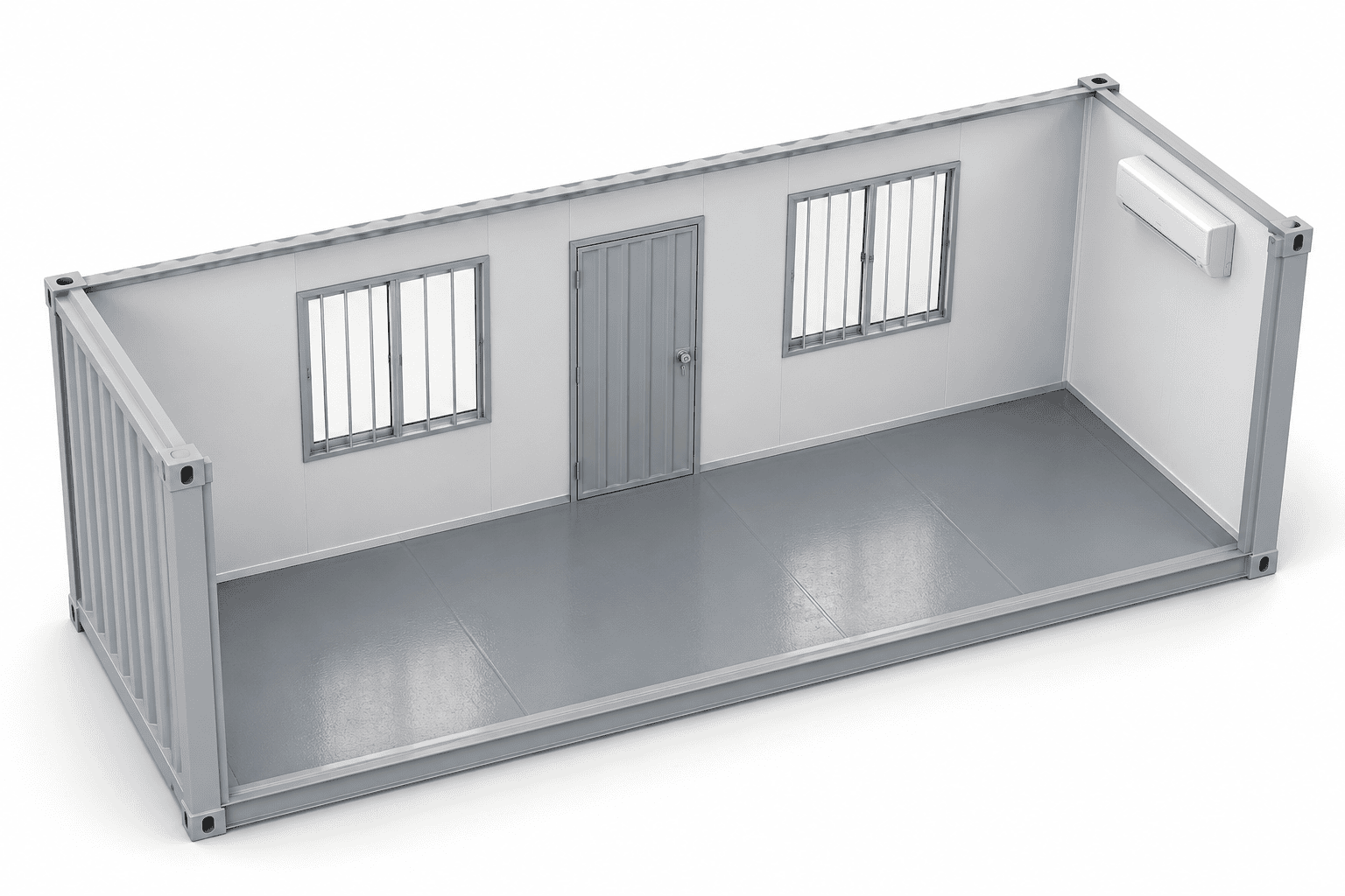 Render interior de oficina de 20 pies sin baño, vista sin techo y aire acondicionado rectangular opcional